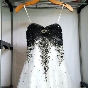 Prom ball gown, white, black and sequin